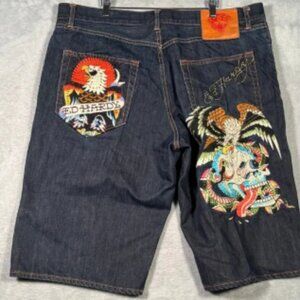 Ed Hardy Shorts Mens 42 Blue Jean Denim Jorts Eagle Skull 2007*
